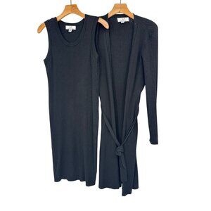 Magaschoni 2pc Womens Black Ribbed sweater Dress Cardigan Size Large